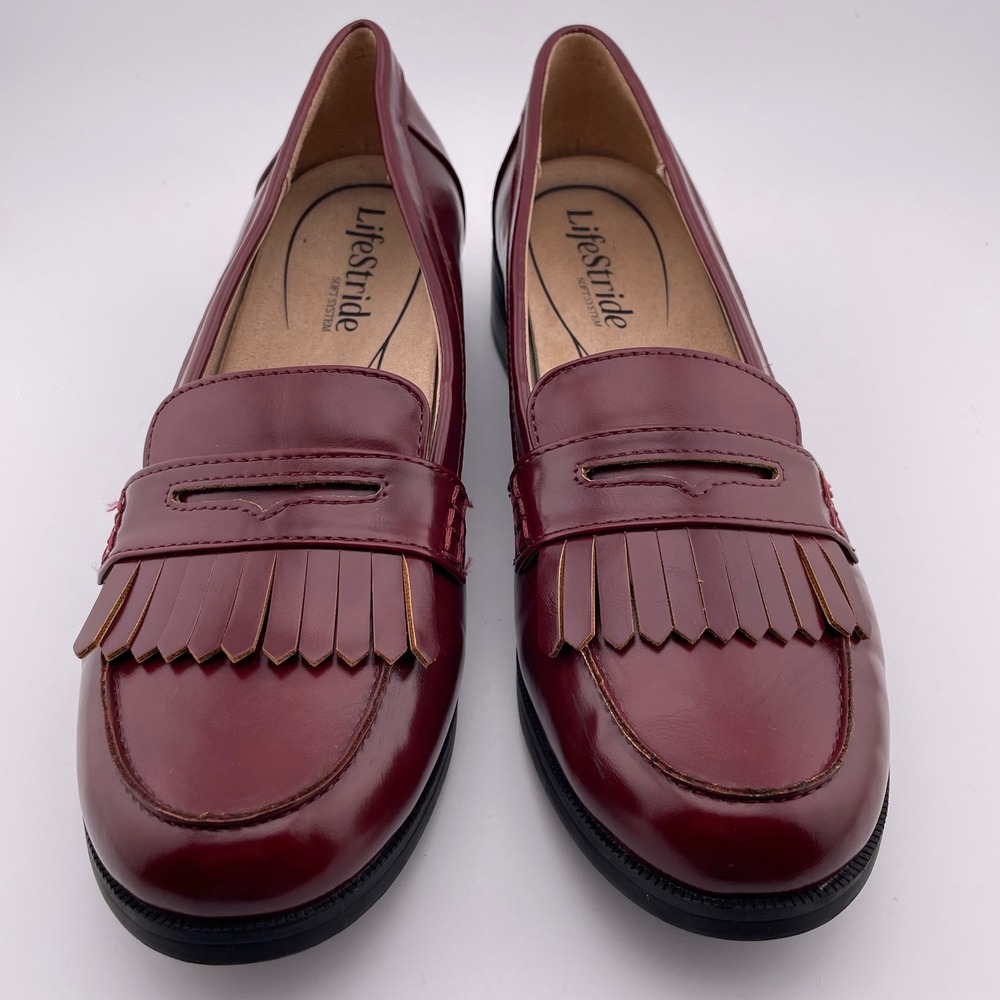 LifeStride Women Burgundy Red Leather Tassel Loafer Flats Shoes - Picture 2 of 8